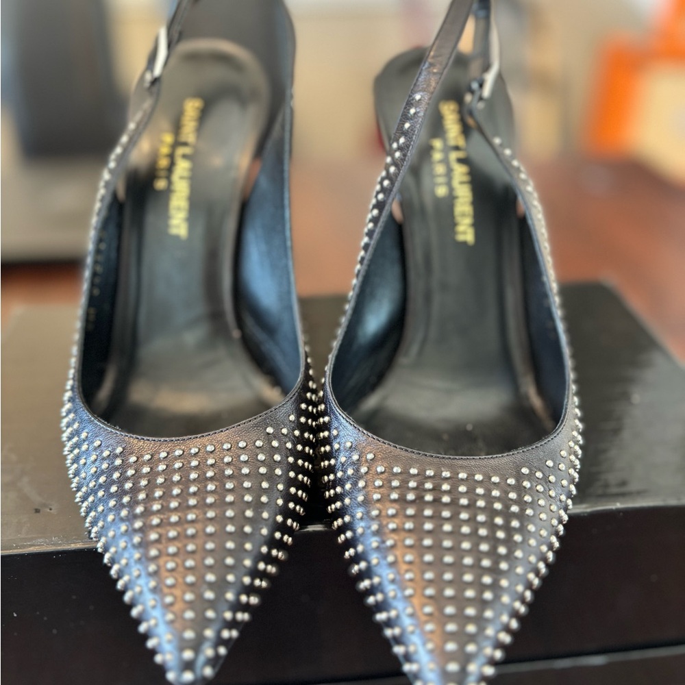 Elegant Saint Laurent Black Studded Slingback Heels - Picture 7 of 7